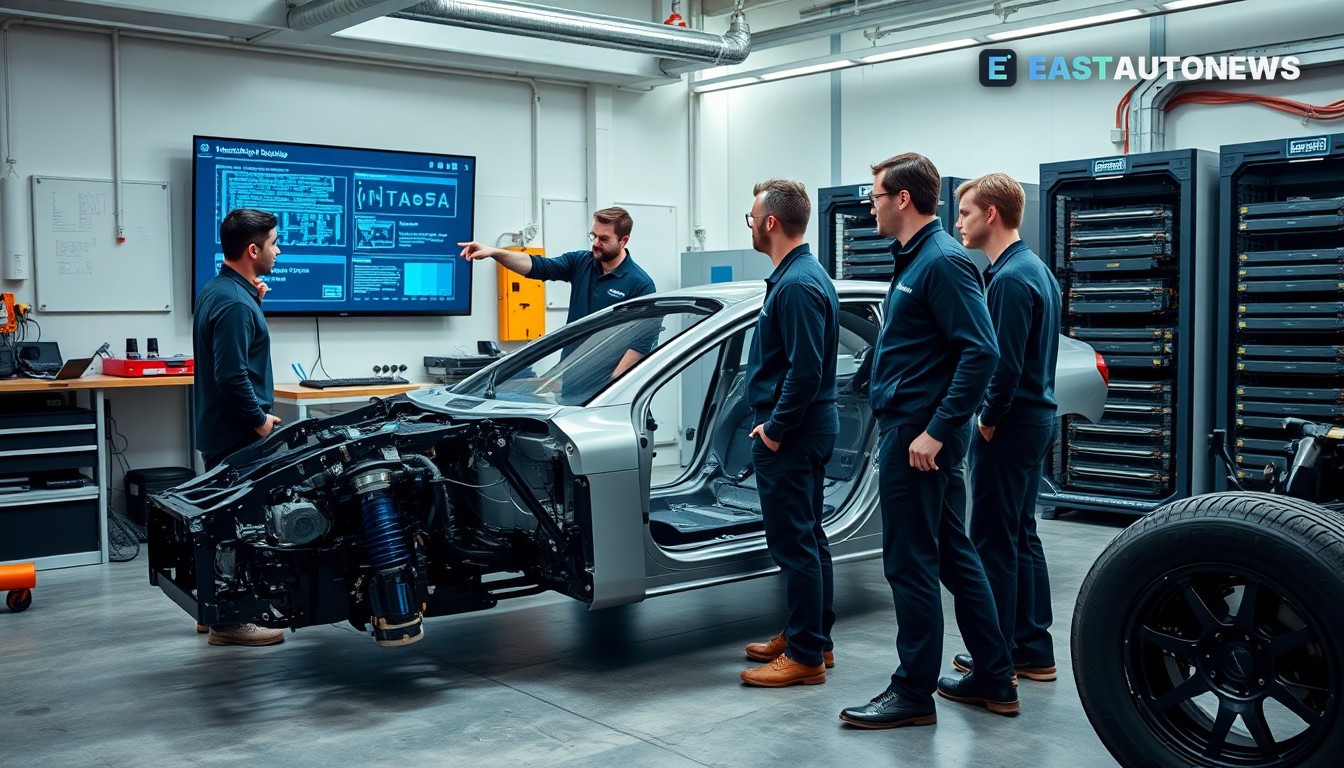 Engineers inspect a car chassis while reviewing software diagrams on a monitor in a research lab