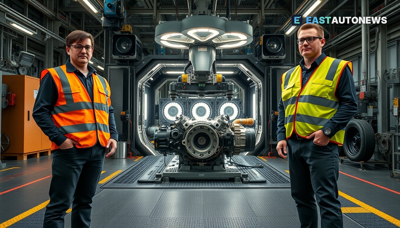 Technicians monitor a robotic 360° visual inspection cell examining a cylinder head on a factory floor.