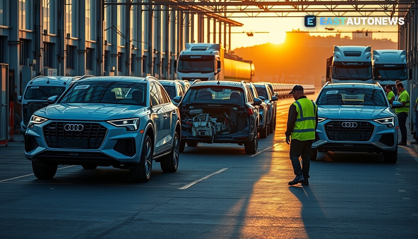 Audi Q3 bodies on assembly line at Győr plant with technicians inspecting vehicles at dusk