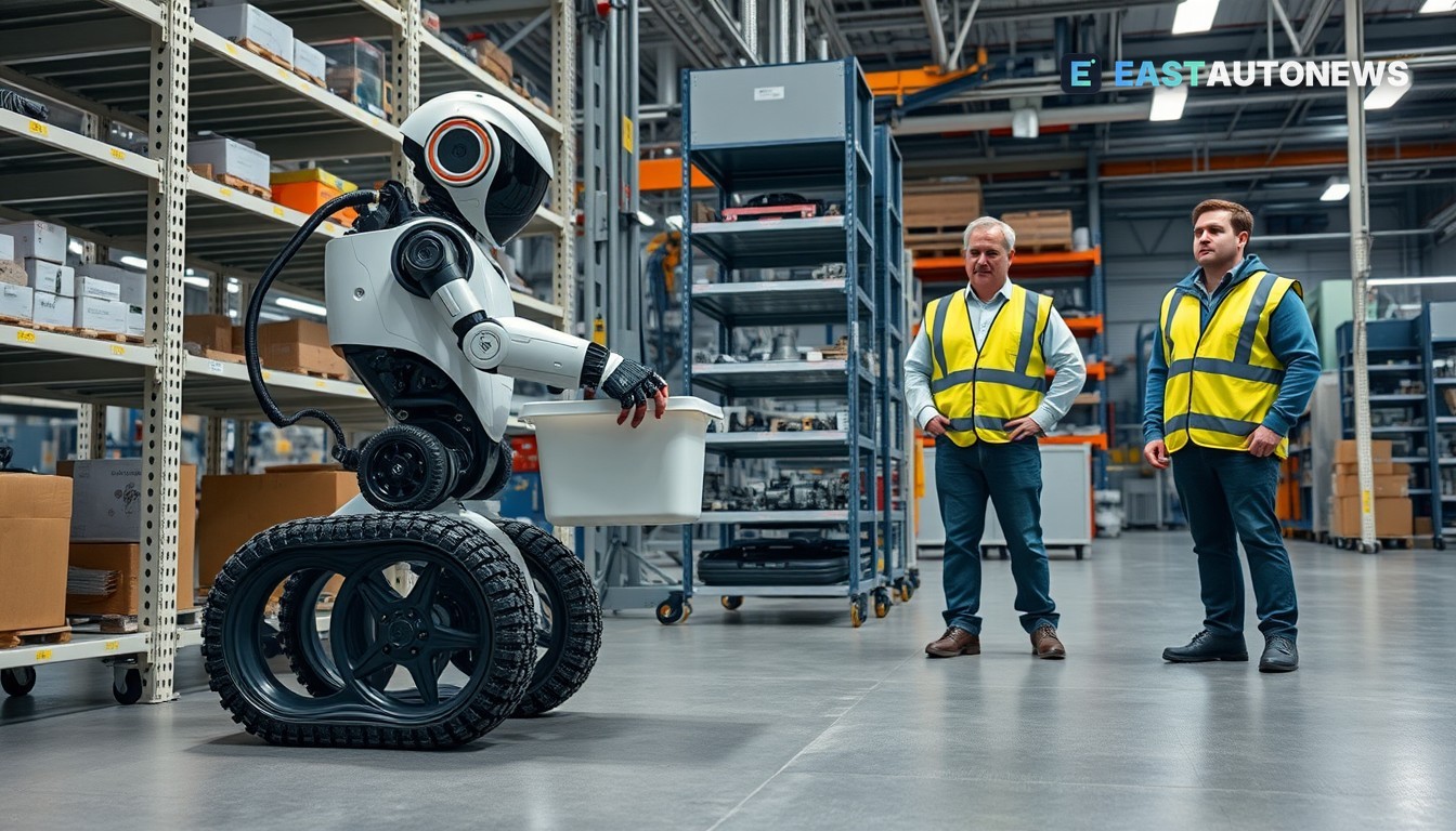 Mobile humanoid robot picking parts from a container in a factory production lab