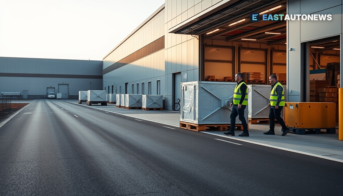 Bahovitsa plant exterior at dawn with EV parts on pallets and workers in high‑visibility vests.
