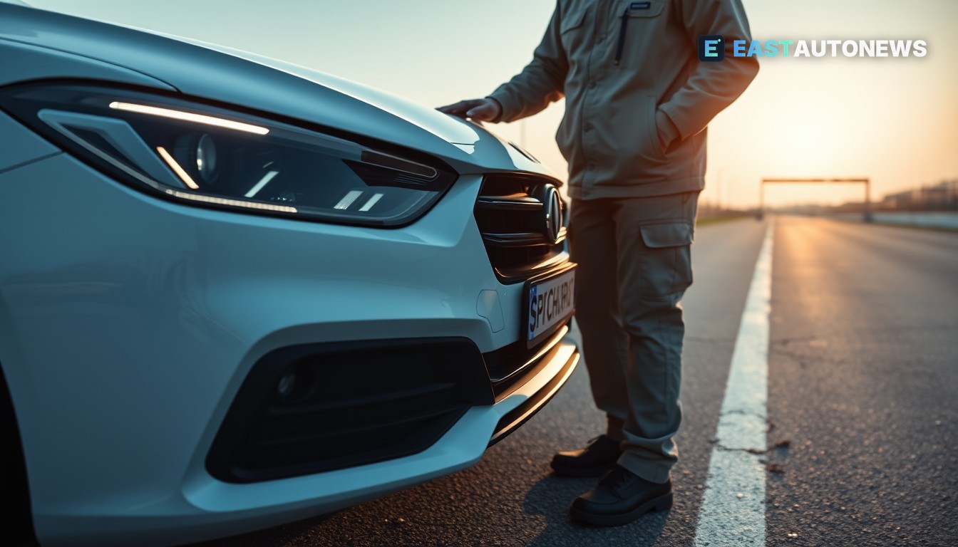 Technician inspects unbranded car front with ADAS sensors on a test track at dawn.