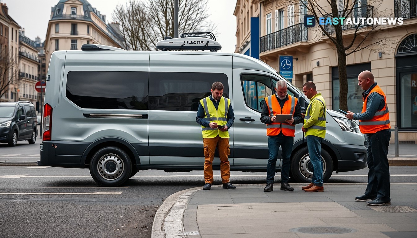Engineers inspect an unbranded electric vehicle with sensor rig on a Paris street at dusk.