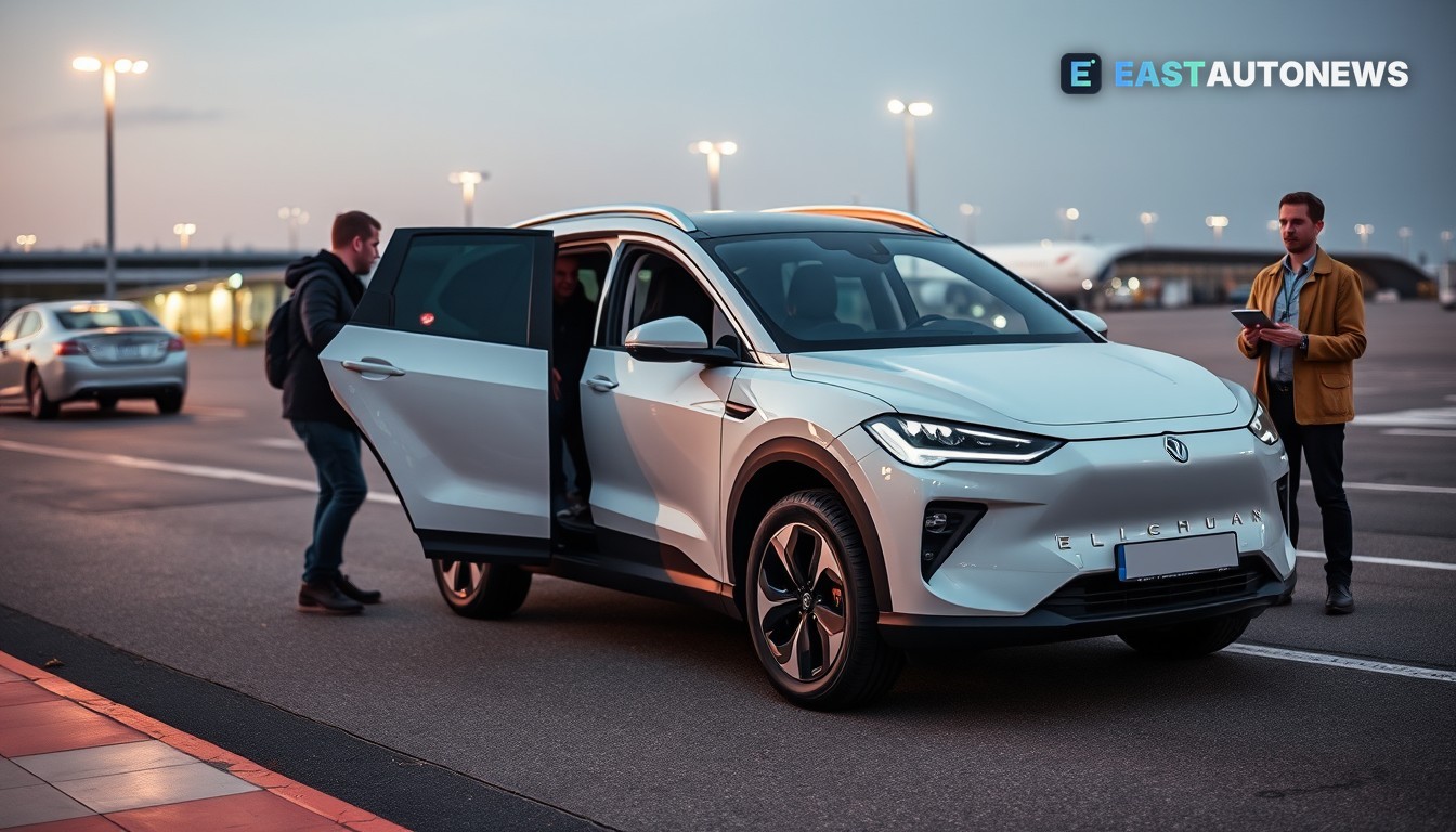 Driverless electric crossover arriving at airport drop‑off, passengers boarding, technician with tablet nearby